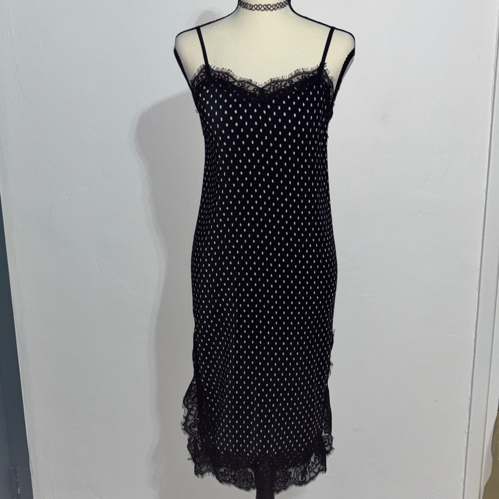 Free People Black Polka Dot Midi Slip Dress with Lace Hem & Neckline